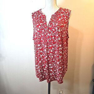 Papermoon Women's Blouse Plus Size 2X Red White Floral Sleeveless Split Neck